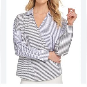DKNY Womens Shirt Striped Faux Wrap top 100% Cotton Long Sleeve Size Large